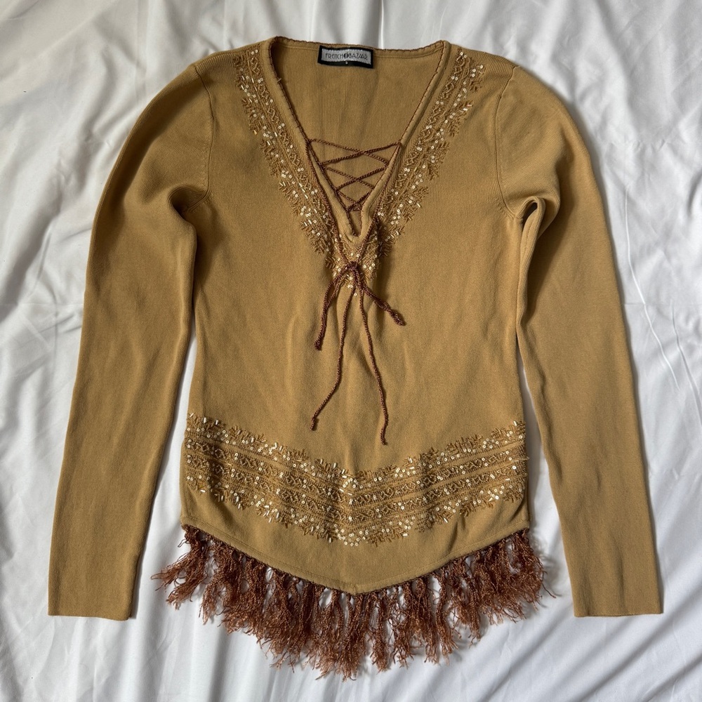 Vintage 90s Y2K Brown Tan Boho Fairy Top with Fringe and Beaded Sequin Details - Picture 3 of 12